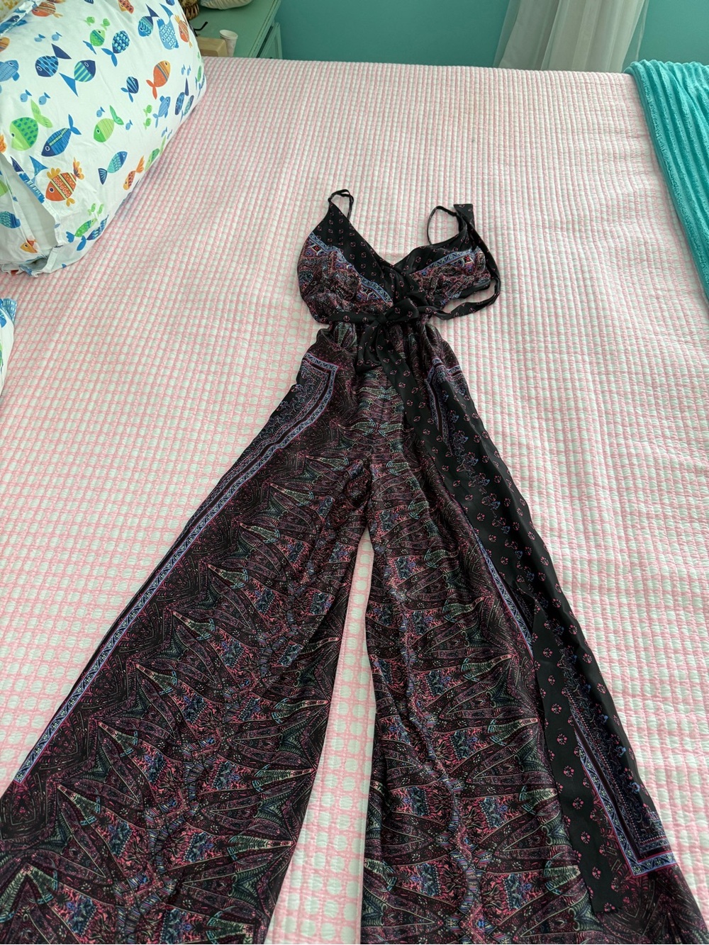 Free Peopke Black Paisley Print satin Wide-Leg Jumpsuit